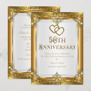 Invitación Aniversario número 50 Elegante Perla Blanca Dorada