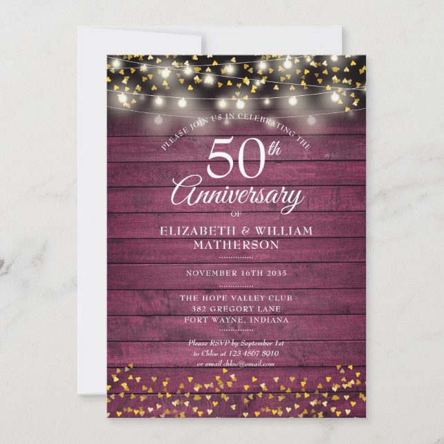 Invitación Aniversario número 50 rojo rústico madera corazone (Anverso)