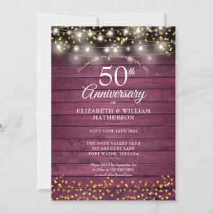 Invitación Aniversario número 50 rojo rústico madera corazone