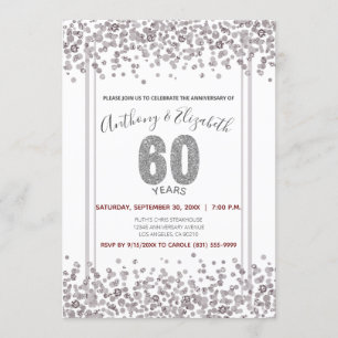 Invitación Aniversario número 60 estilo Glitter Confeti de Pl