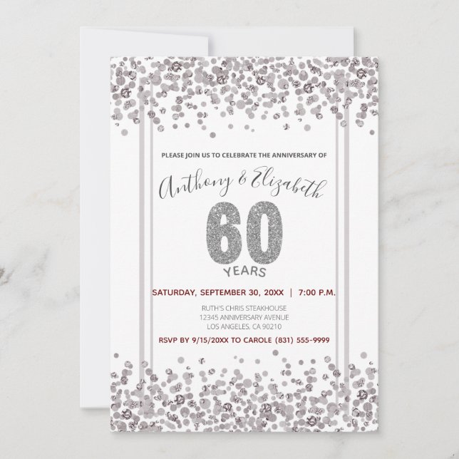 Invitación Aniversario número 60 estilo Glitter Confeti Plate (Anverso)