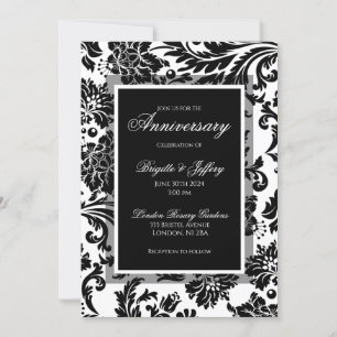 Invitación Aniversario personalizado en damasco negro y blanc