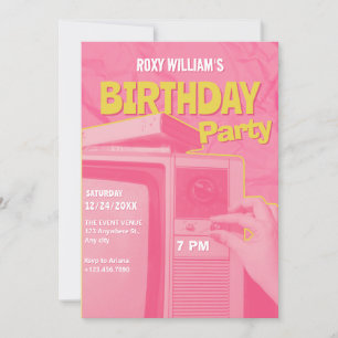 Invitación Aniversario retro amarillo rosa