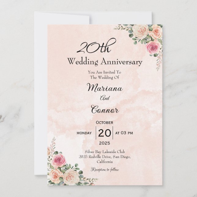 Invitación Aniversario romántico de Boda floral de crema rosa (Anverso)