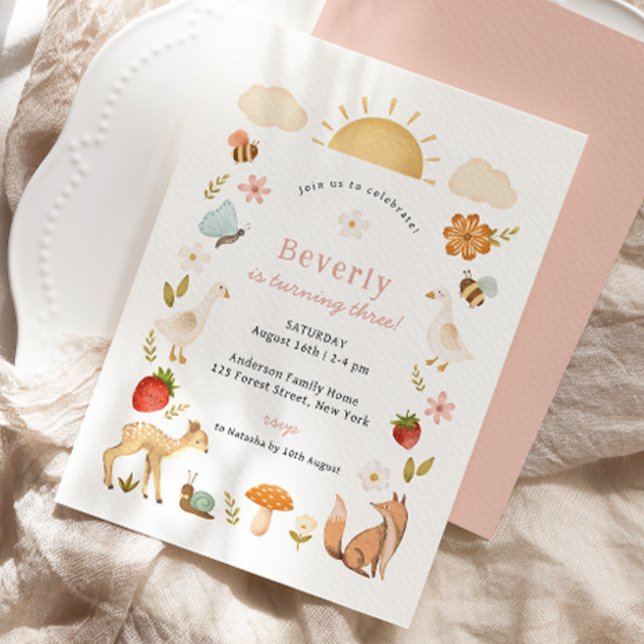 Invitación Aniversario rosa de los animales de Woodland (Subido por el creador)