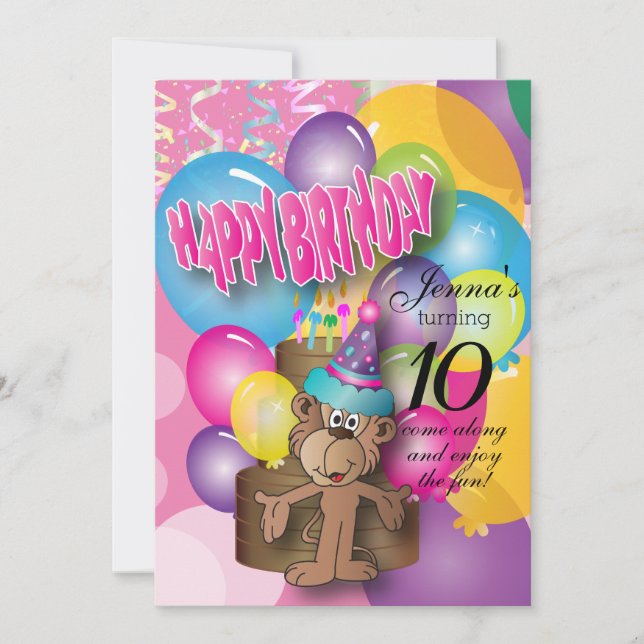 Invitación Aniversario rosa del mono de globo mate (Anverso)