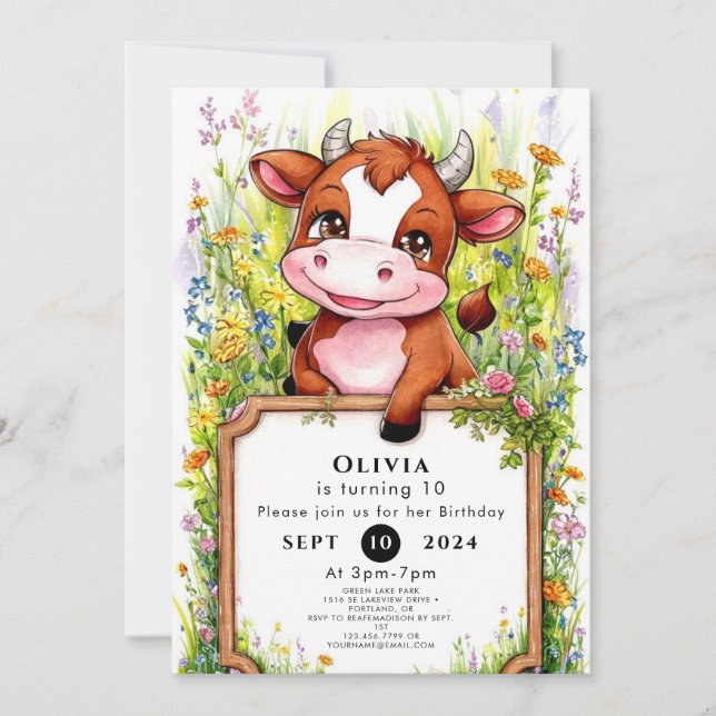 Invitación Aniversario simple de la vaca de Barnyard (Anverso)