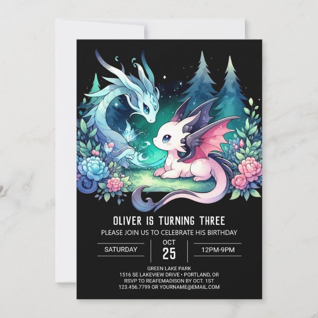 Invitación Aniversario simple del Dragón Pastel (Anverso)
