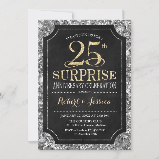 Invitación Aniversario Sorpresa de 25 Años de Boda - Plata Do (Anverso)