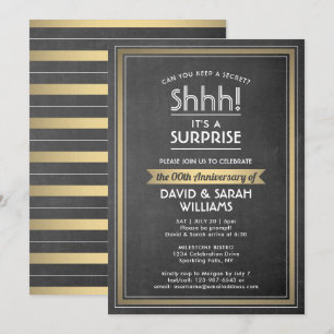 Invitación Aniversario Sorpresa Fiesta Black Chalkboard y Oro