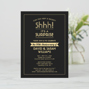 Invitación Aniversario Sorpresa Fiesta Elegante Negro y Oro