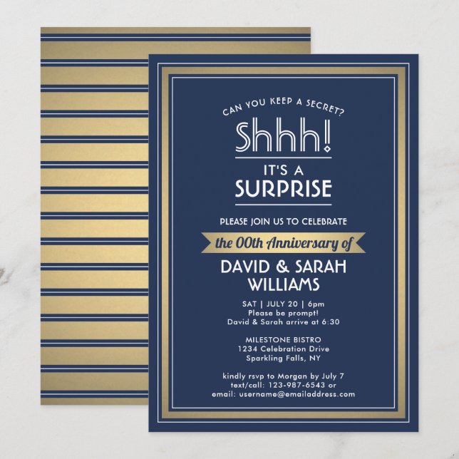 Invitación Aniversario Sorpresa Fiesta Marina Azul, Blanco y  (Anverso / Reverso)