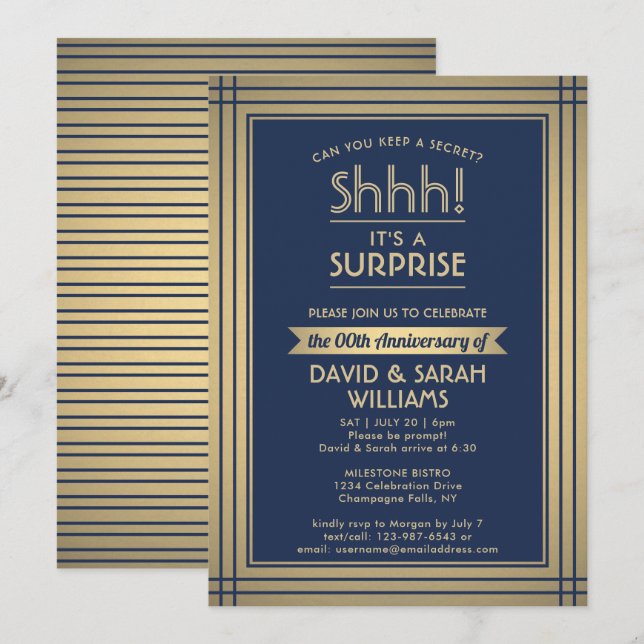 Invitación ¡Aniversario Sorpresa Fiesta Shhh! Azul marino y o (Anverso / Reverso)