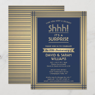 Invitación ¡Aniversario Sorpresa Fiesta Shhh! Azul marino y o