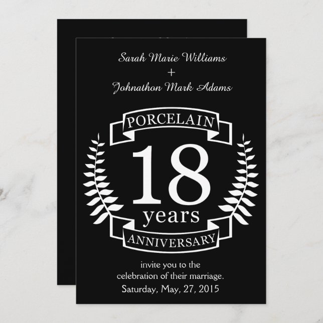 Invitación Aniversario tradicional de bodas de porcelana 18 a (Anverso / Reverso)