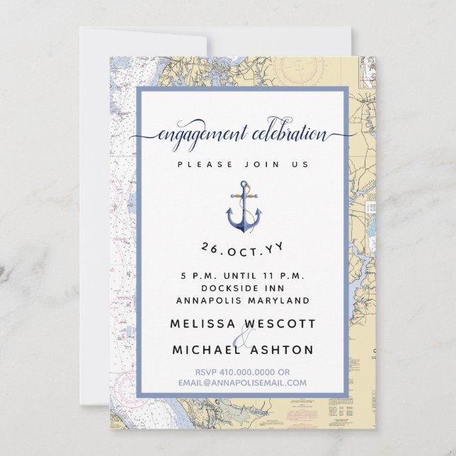 Invitación Annapolis Dusty Blue #Nautical #Engagement Party (Anverso)