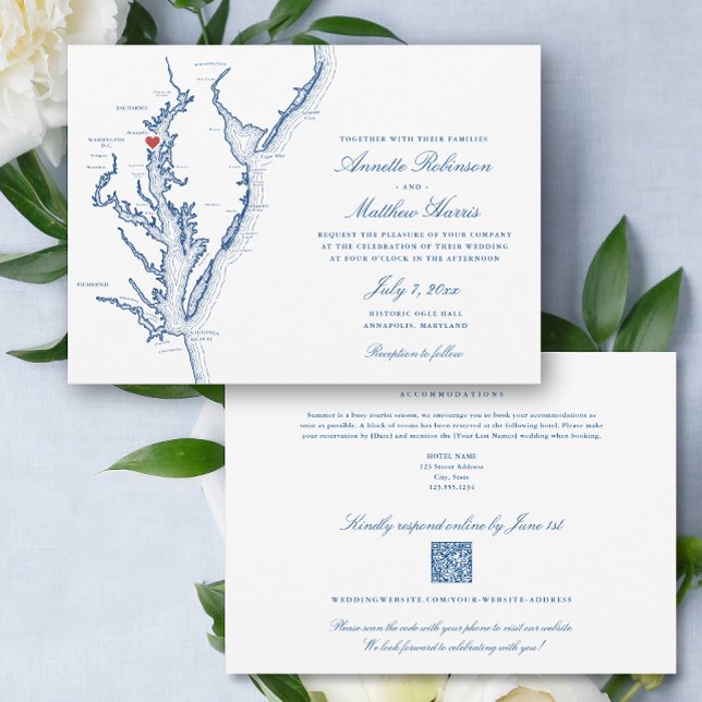 Invitación Annapolis Maryland código QR completo en uno Boda  (Annapolis Maryland Elegant QR Code RSVP all-in-one wedding invitation with elegant navy blue map)