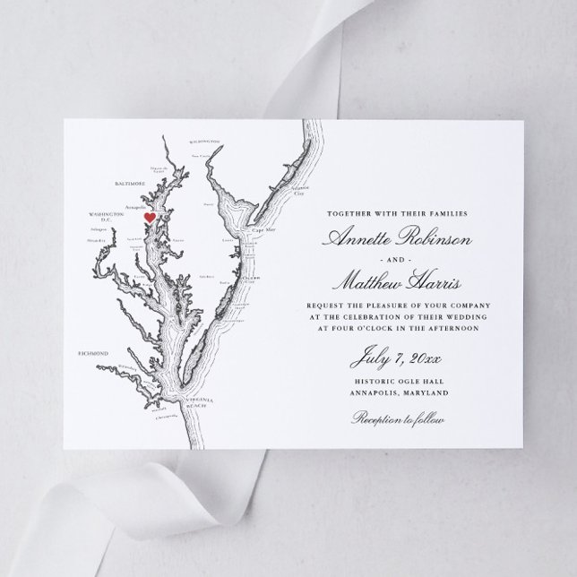 Invitación Annapolis Maryland Elegante Boda blanco y negro (Annapolis Maryland Elegant black and white map wedding invitation with the Chesapeake Bay)
