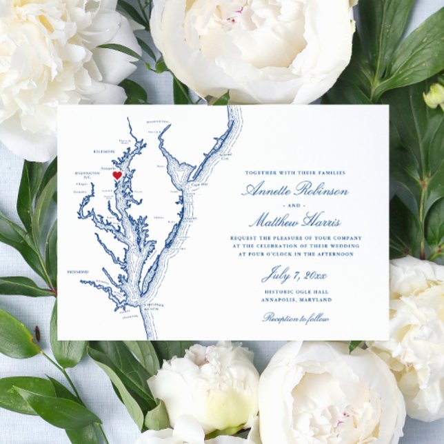 Invitación Annapolis MD Boda Azul de la Marina Chesapeake Bay (Annapolis Wedding Invitation with Elegant Navy Blue Chesapeake Bay map from Coastal Map Designs)
