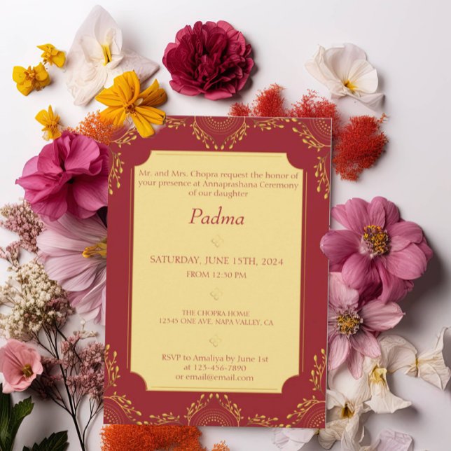 Invitación Annaprashana Primera foto de flores rojas de oro d (Subido por el creador)