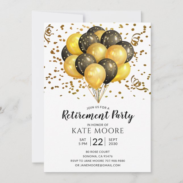 Invitación Announ Fiesta de Jubilación Moderna Globos Negros  (Anverso)