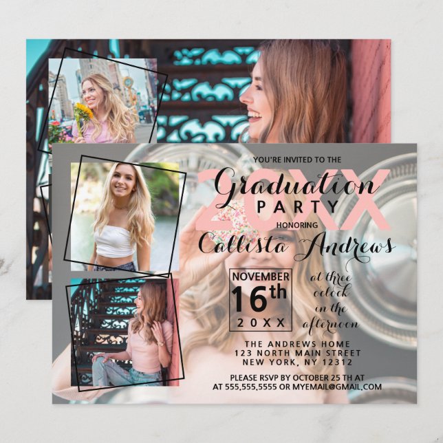 Invitación Año de graduación de Collage de fotos Guay moderno (Anverso / Reverso)