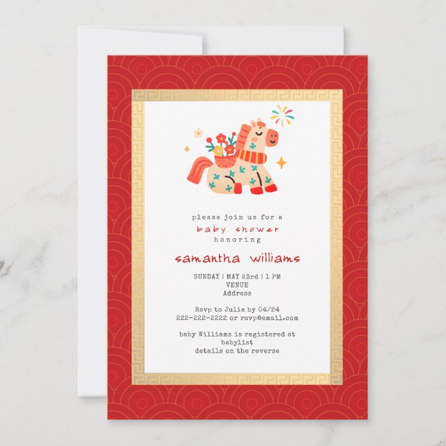 Invitación Año del Caballo Fiesta de Bebé de Caballo de Oro R (Anverso)