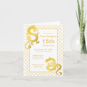 Invitación Año del Dragón Oro Blanco Gemelos 15º cumpleaños