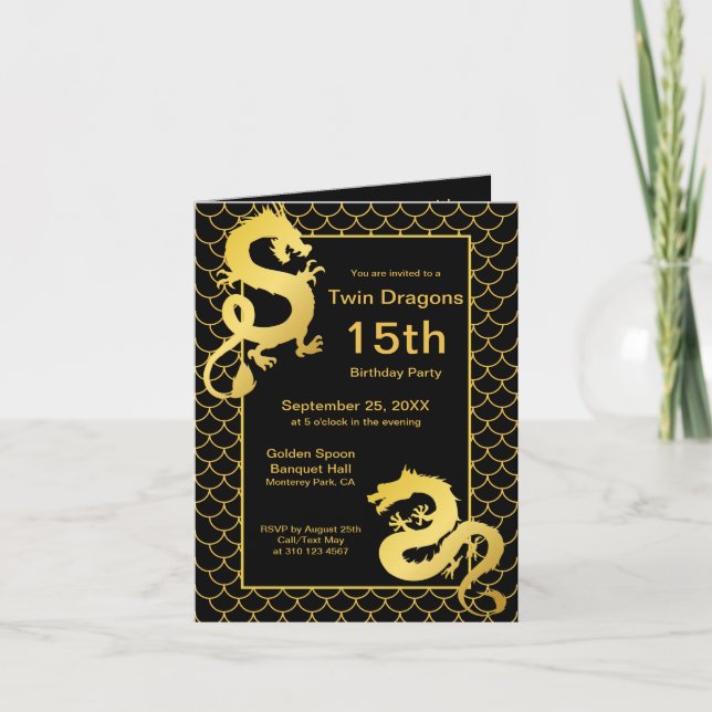 Invitación Año del Dragón Oro Negro Twin 15º cumpleaños (Anverso)