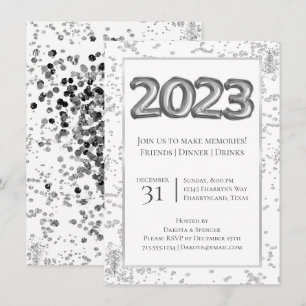 Invitación Año Nuevo 2023 Confetti de globos plateados y ne