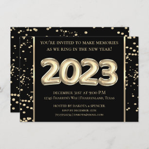 Invitación Año Nuevo 2023   Confetti de oro y globo negro