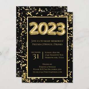 Invitación Año Nuevo 2023   Confetti de oro y globo negro
