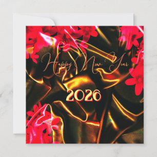 Invitación Año Nuevo 20xx - flores en seda negra y dorada