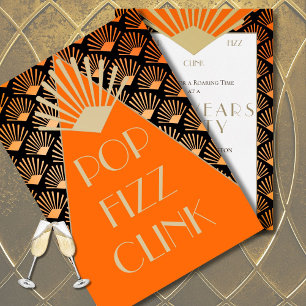 Invitación Año Nuevo Art Deco Pop Fizz Clink Gold Vintage
