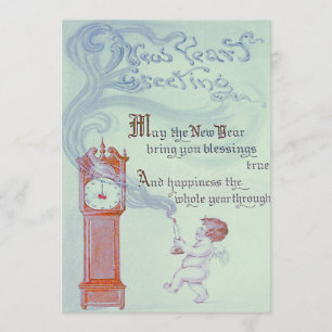 Invitación Año Nuevo bebé querubín ángel reloj de abuelo