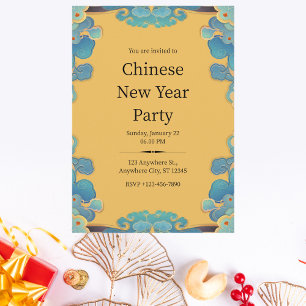 Invitación Año Nuevo Chino Azul y Amarillo Elegante