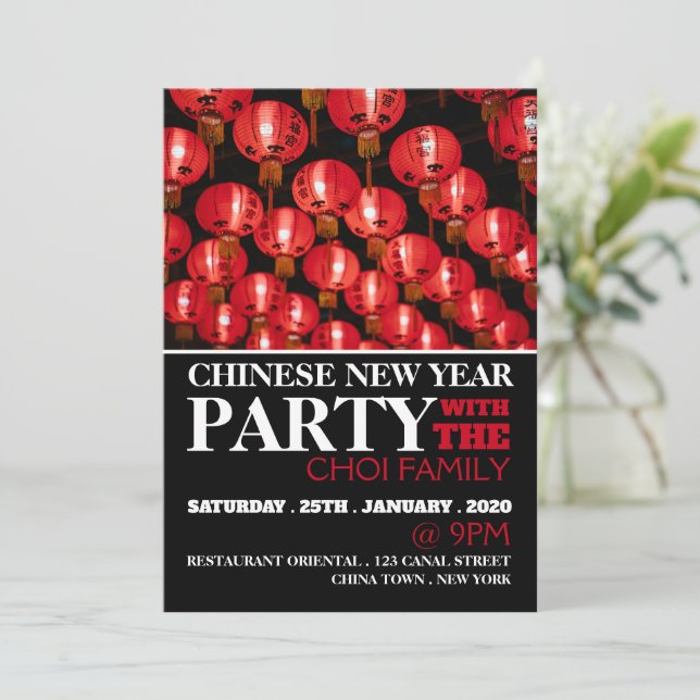 Invitación Año Nuevo chino, faroles rojos (Anverso de pie)