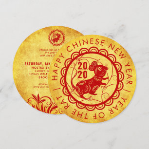 Invitación Año nuevo chino rojo dorado de la Rat 2020
