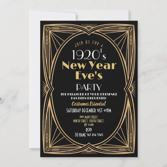 Invitación Año Nuevo de los años 1920 Fiesta Art Deco Oro Neg (Anverso)