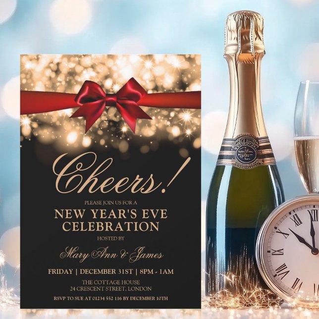 Invitación Año Nuevo Eve Fiesta Oro Sparkle Luces Rojo (New Years Eve Party Gold Sparkle Lights Red Bow Invitation)