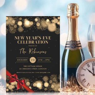 Invitación Año Nuevo Eve Gold Black Winder Wonder Red Bow