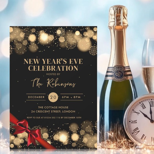 Invitación Año Nuevo Eve Gold Black Winder Wonder Red Bow (New Years Eve Gold Black Winter Wonder Red Bow Invitation)