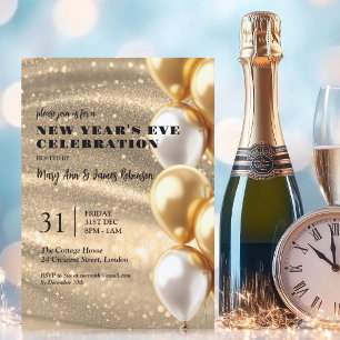 Invitación Año Nuevo Eve Gold Shimmering secuestra globos