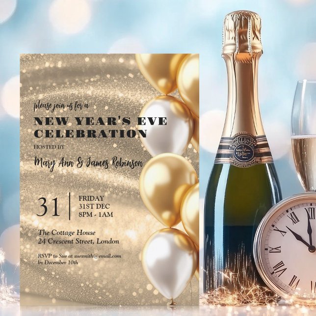Invitación Año Nuevo Eve Gold Shimmering secuestra globos (New Years Eve Gold Shimmering Sequins Balloons Invitation)