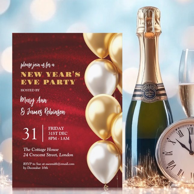 Invitación Año Nuevo Eve Red Gold Shimmering secuestra globos (New Years Eve Red Gold Shimmering Sequins Balloons Invitation)