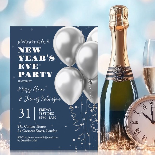 Invitación Año Nuevo Eve Silver Confetti Globos Naval Azul (New Years Eve Silver Confetti Balloons Navy Blue Invitation)