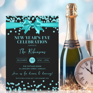 Invitación Año Nuevo Eve Turquesa Purpurina Confetti Bow Blac