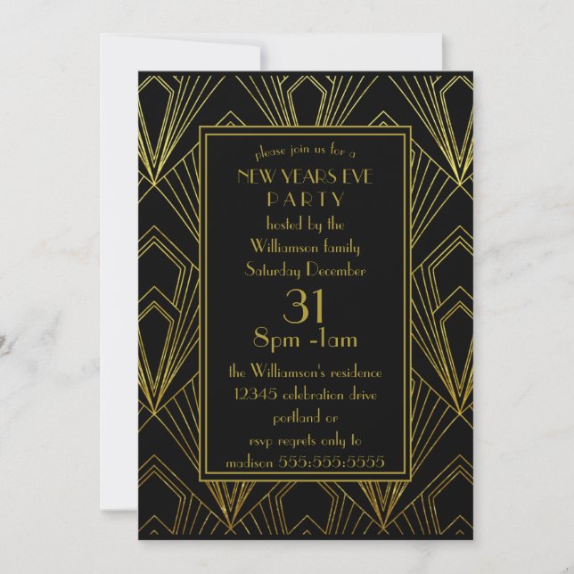 Invitación Año Nuevo Fiesta Deco de Arte Negro y Oro (Anverso)