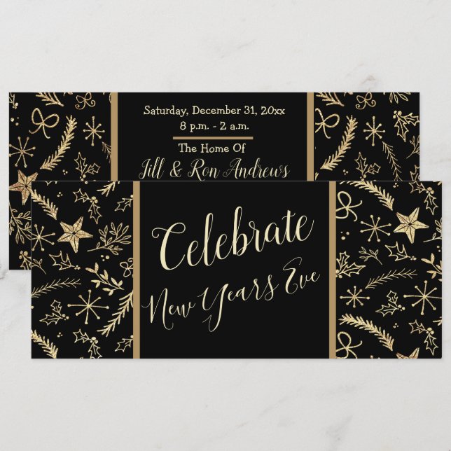 Invitación Año Nuevo Fiesta Negro y Oro (Anverso / Reverso)