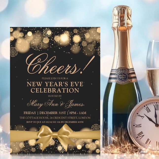 Invitación Año Nuevo Fiesta Oro Invierno Wonder Bow (New Years Eve Party Gold Winter Wonder Bow Invitation)